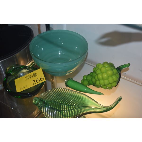GREEN GLASS BOWLS & DECORATIVE GLASS FRUIT & PLATE (5 PCS)