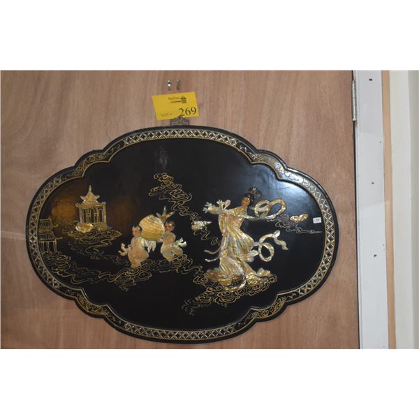 CHINESE BLACK LACQUER WALL PLAQUE W/MOTHER OF PEARL