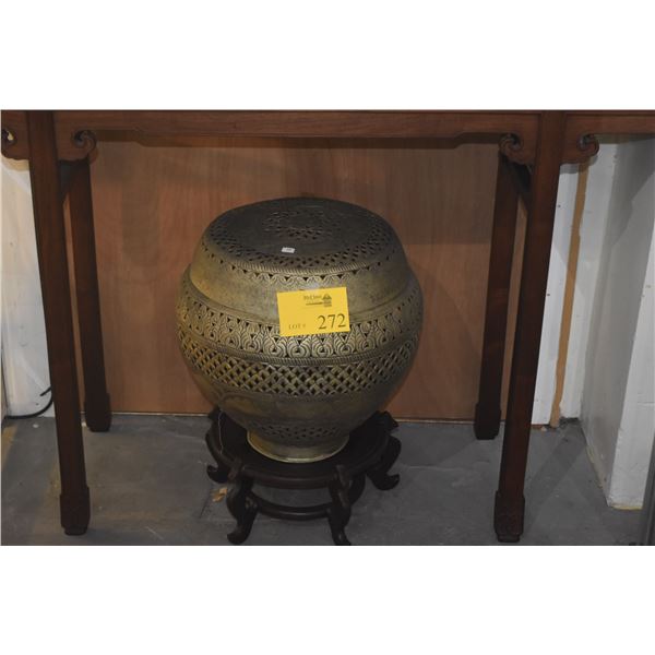 DECORATIVE BRASS COVERED CONTAINER ON STAND