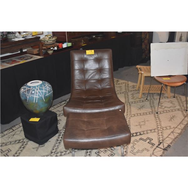 JAMES CHAIR & OTTOMAN, TOFFEE ITALIAN DISTRESSED LEATHER & POLISHED NICKLE FRAMES (WILLIAMS SONOMA)