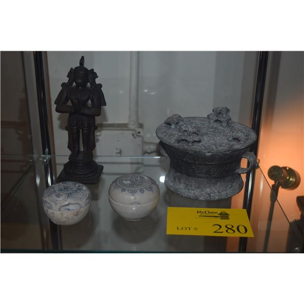 VIETNAMESE DONG SON BRONZE DRUM, BRONZE STATUE & VIETNAMESE LIDDED CERAMIC BOXES (4 PCS)
