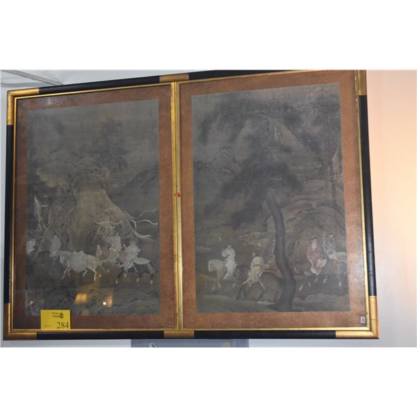 FRAMED CHINESE DIPTYCH PRINT OF SUNG HORSES (49" X 34")