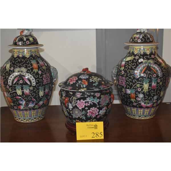 CHINESE FAMILLE NOIRE PORCELAIN GINGER JARS & TUREEN W/STAND (10 1/2" - 17")(3 PCS)