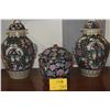 Image 1 : CHINESE FAMILLE NOIRE PORCELAIN GINGER JARS & TUREEN W/STAND (10 1/2" - 17")(3 PCS)
