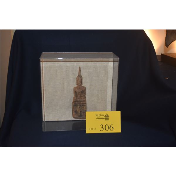 17TH CENTURY WOOD BUDDHA IN PLEXIGLASS DISPLAY CASE (9 1/4" X 9 1/4")