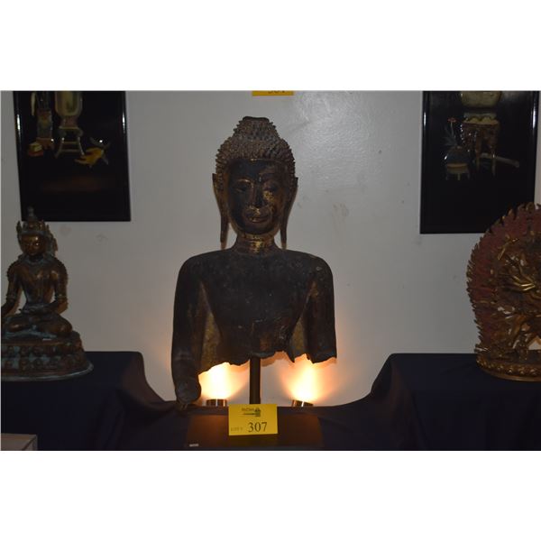 ANTIQUE THAI LIFE SIZE HEAD & TORSO OF BUDDHA ON STAND (29")