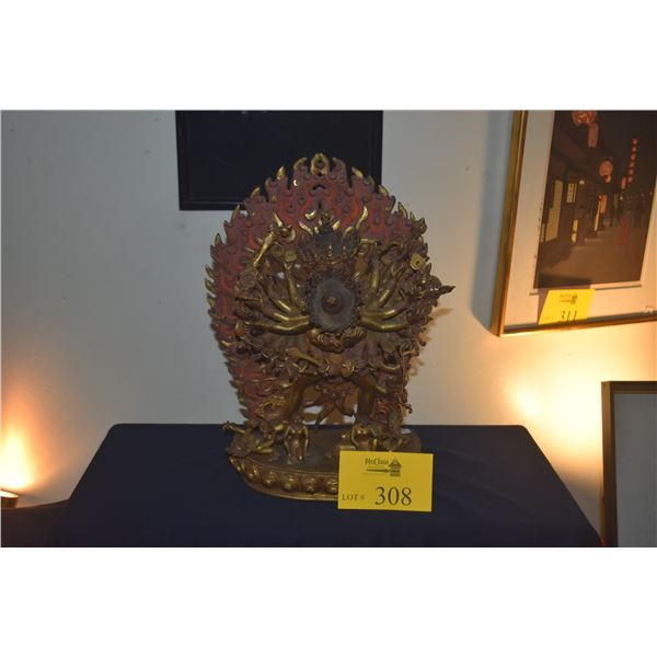 ANTIQUE BRASS NEPAL KALACHAKRA BUDDHA W/FLAME AURA; SIGNED (16")