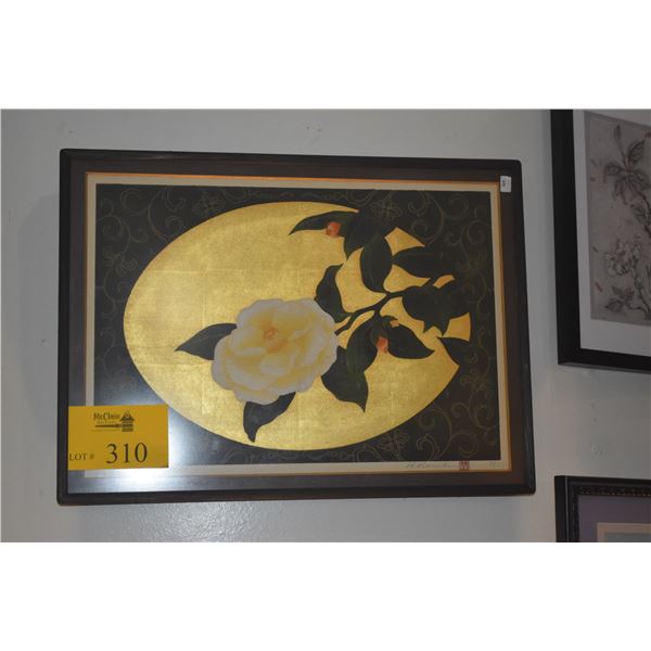 FRAMED WOODBLOCK PRINT, "CAMELLIA"; SIGNED HIJIME NAMIKI '89 (20 1/2" X 15")