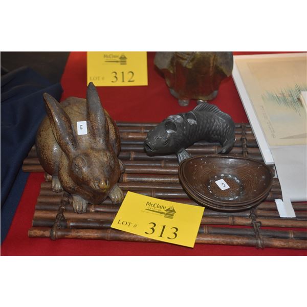 VINTAGE MID CENTURY MODERN JAPANESE BRONZE KOI FISH FLOWER FROG, COPPER BOWLS & RABBIT FIGURE (7 PCS
