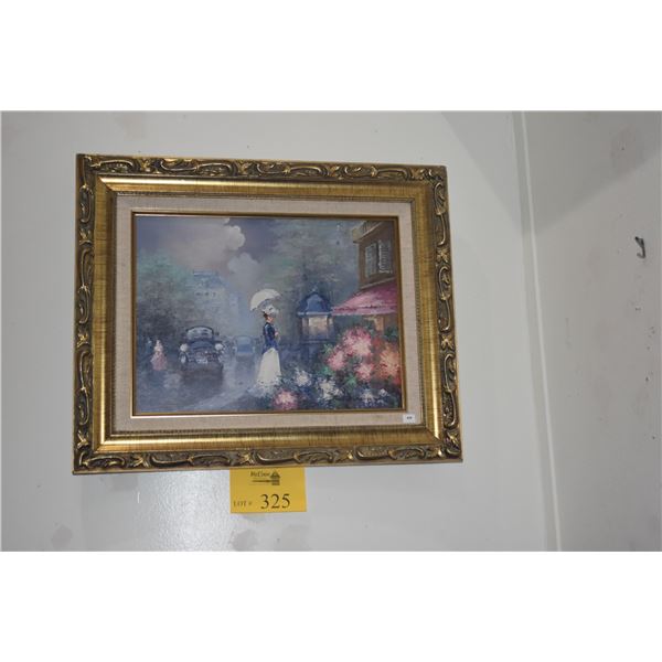 FRAMED PAINTING, RAINY PARISIAN STREET SCENE; SIGNED (22" X 18")