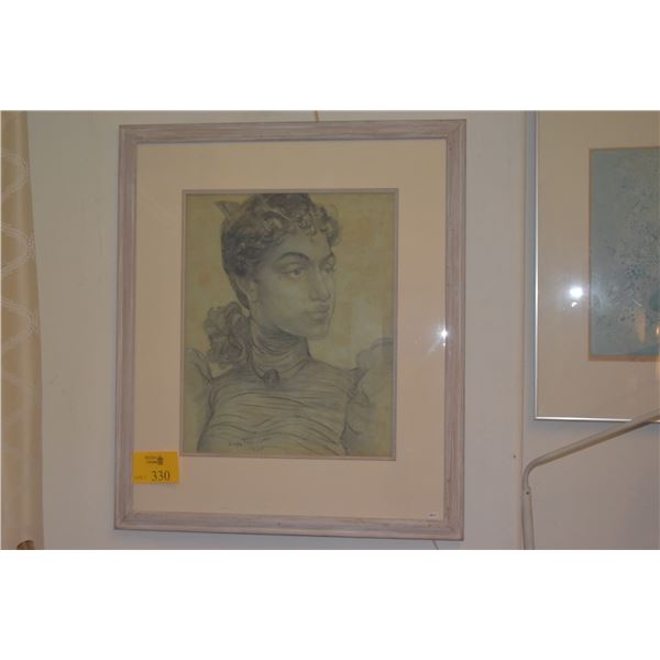 FRAMED CHARCOAL PORTRAIT DRAWING; SIGNED MADGE TENNENT 1936 (29 1/2" x 34 1/2")