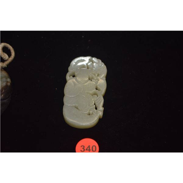 CHINESE NEPHRITE OPEN WORK BOY & FISH (3 7/8" X 1 1/2")