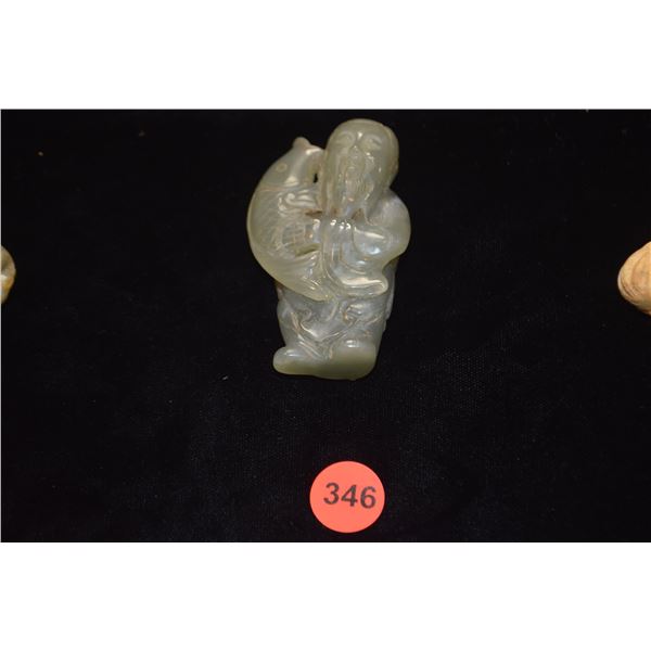 CHINESE NEPHRITE OLD JADE MAN & FISH (3" X 1 7/8")