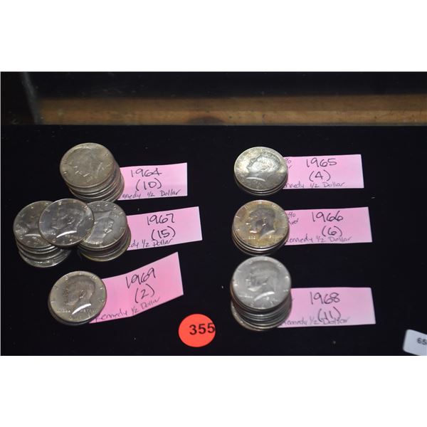 KENNEDY 1/2 DOLLARS - 1964 (10), 1965 (4), 1966 (6), 1967 (15), 1968 (11), 1969 (2) (48 PCS)