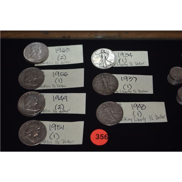 FRANKLIN 1/2 DOLLARS - 1949 (2), 1951 (1), 1956 (1), 1963 (2), & WALKING LIBERTY 1/2 DOLLARS - 1934 