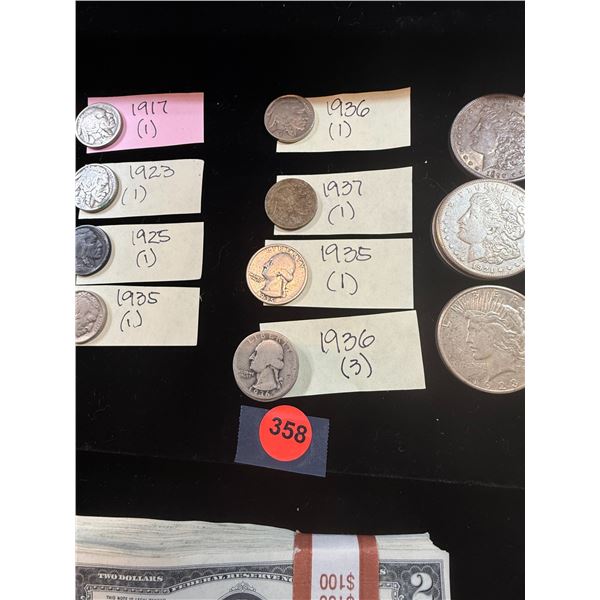 INDIAN HEAD NICKLES - 1917, 1923, 1925, 1935, 1936, 1937; SILVER QUARTERS - 1935 (1) 1936 (3); MORGA