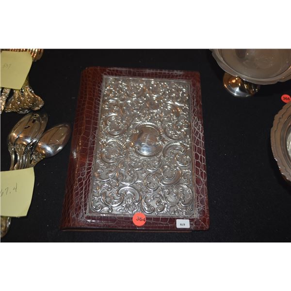 ENGLISH BAROQUE STYLE EMBOSSED STERLING SILVER MOUNTED RED FOLIO NOTEPAD