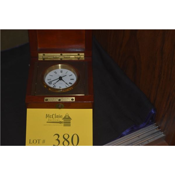 TIFFANY & CO. QUARTZ BRASS DESK CLOCK W/MOHOGANY CASE