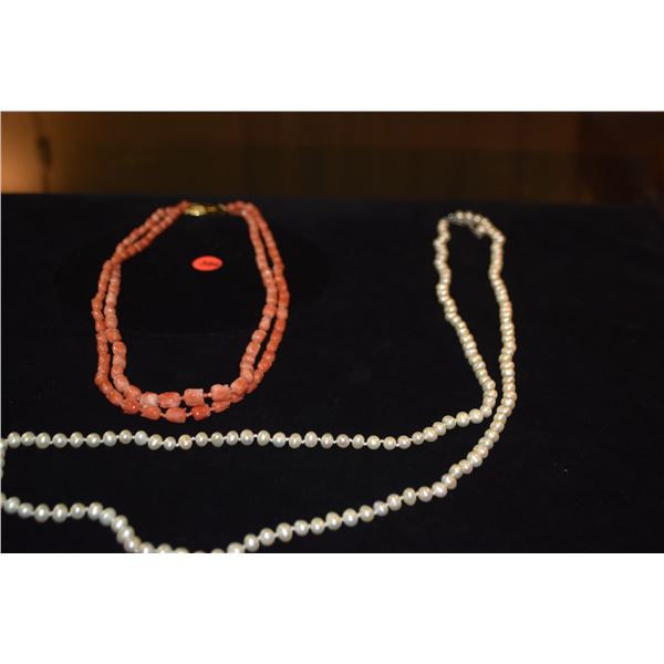 2 CORAL NECKLACES & 1 OPERA LENGTH PEARL NECKLACE (3 PCS)