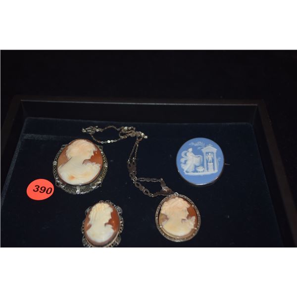 VINTAGE CAMEOS: 1 SERLING SILVER SETTING, 3 SET IN 800 SILVER (4 PCS)