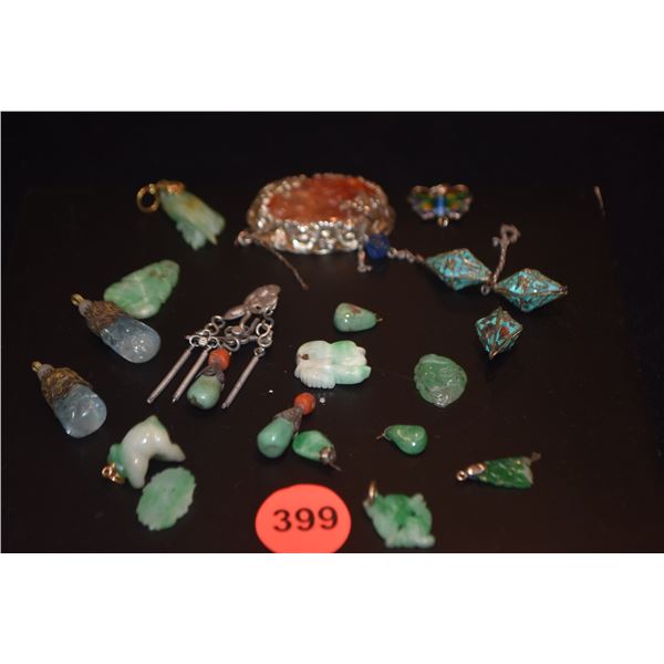 ANTIQUE/VINTAGE CHINESE JADE, CORAL, AQUAMARINE, CARNELIAN, KINGFISHER PIECES