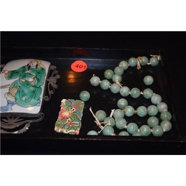 MIXED LOT: CHINESE JADE BEADS, PORCELAIN SHARD & BONE CARVING