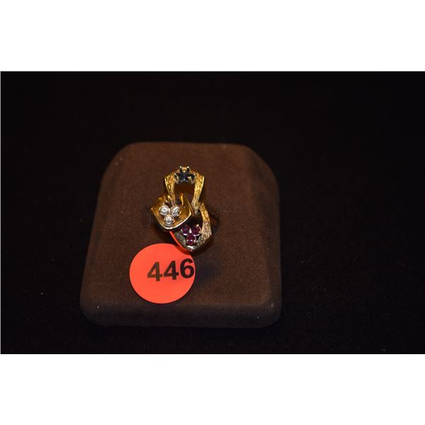 14K DIAMOND, RUBY & SAPPHIRE RING, SIZE 6 (10.3 GTW)