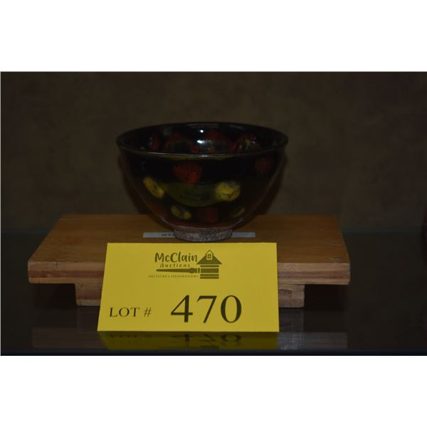 CHINESE STONEWARE TEA CUP, POLYCHROME GLAZE; SIGNED (4 1/2") (DOES NOT INCLUDE STAND)