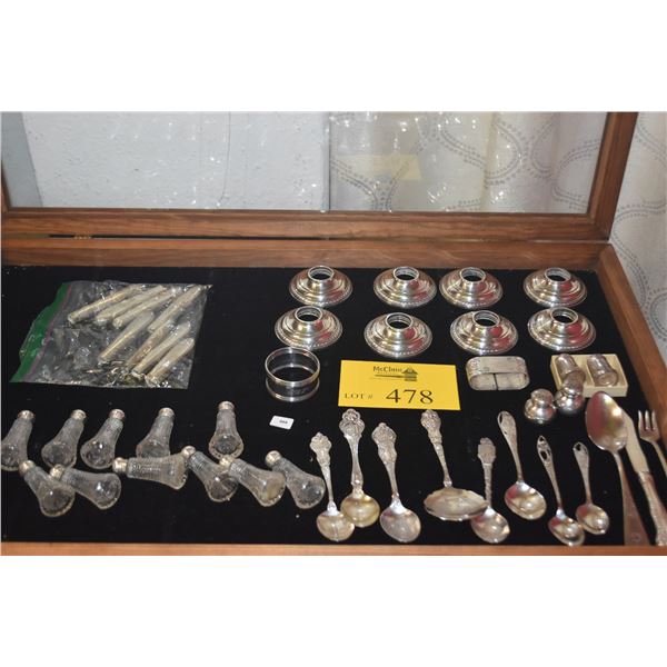ASSORTED STERLING FLATWARE, NAPKIN RINGS, SALT & PEPPER SHAKERS, KNIFE HANDLES, ETC.