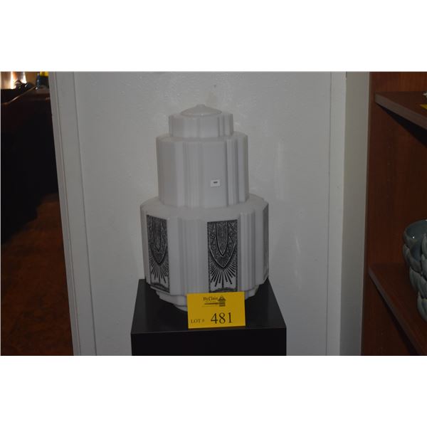 VINTAGE ART DECO SKYSCRAPER STYLE PENDANT LIGHT SHADE, WHITE MILK GLASS W/BLACK ENAMEL (16 1/2")