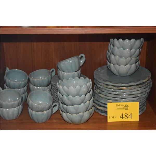 CELEDON ART POTTERY PLATES, BOWLS, CUPS & SAUCERS (44 PCS)