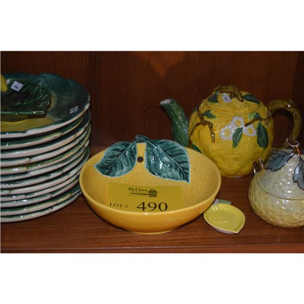 MID CENTURY MODERN ED LANGBEIN ORIGINALS HAND PAINTED MAJOLICA LEMON PLATES, LEMON TEAPOT, BOWL, SPO