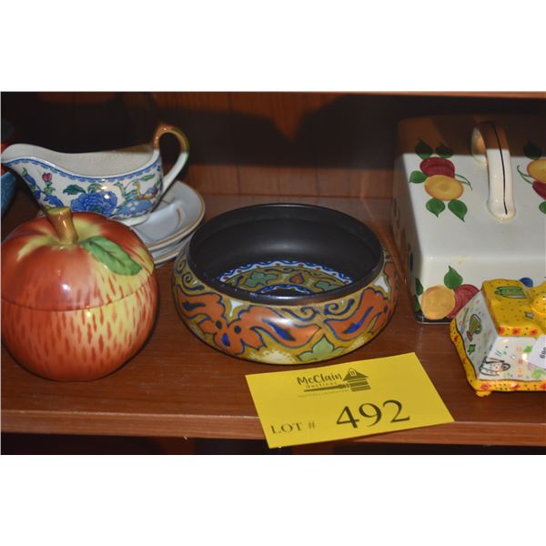 MIXED LOT: BOWLS, CHEESE COVER, COVERED BOX, APPLE, PLATES, ETC. (12 PCS)