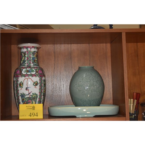 VASE, CELADON & IKEBANA VASE (3 PCS)