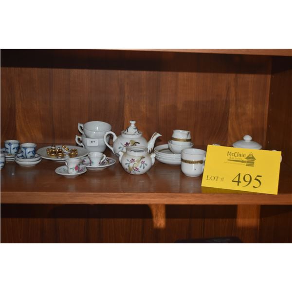 COLLECTION OF MINIATURE TEAPOTS, CUPS, SAUCERS, PLATES, BOWL, ETC. (33 PCS)
