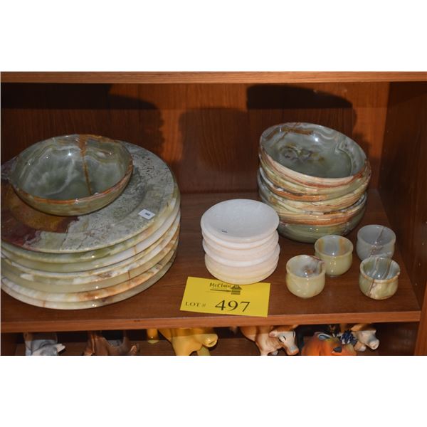 GREEN ONYX PLATES, BOWLS, CUPS & WHITE STONE DISHES (28 PCS)