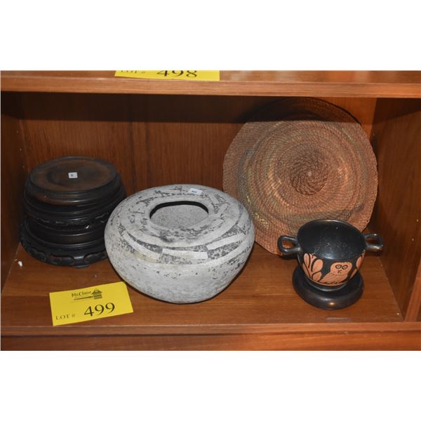MIXED LOT: A GREEK RED-FIGURE OWL SKYPHOS, EARTHENWARE VESSEL, WOOD STANDS & WOVEN HAT (8 PCS)