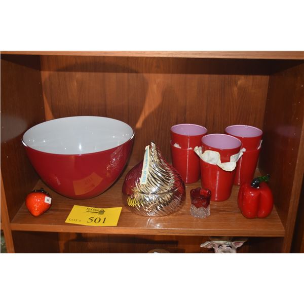 COLLECTION OF RED GLASS BOWL, GLASSES, STRAWBERRY, RED PEPPER, HERSHEY KISS CONTAINER, ETC. (11 PCS)