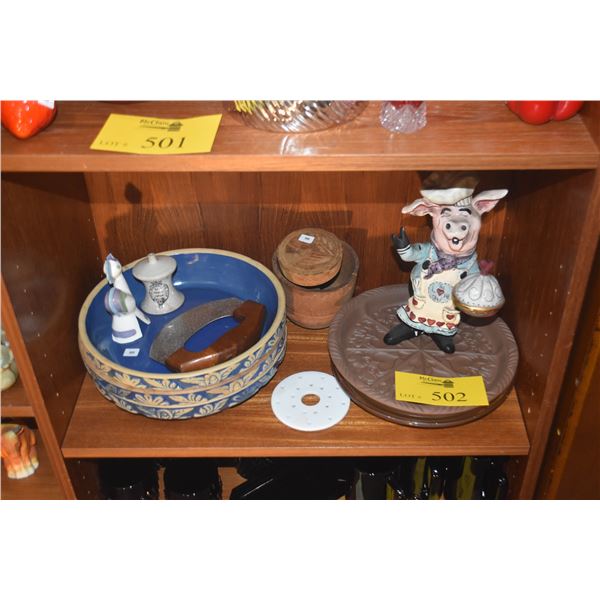 MIXED LOT: PIE PLATES, CUTTER, PIE WHISTLES, COOKIE STAMP & CHEF STATUE (11 PCS)