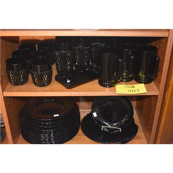 COLLECTION OF BLACK GLASS PLATES, MUGS & GLASSES (38 PCS) (DOES NOT INCLUDE STAND)
