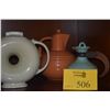 Image 1 : VINTAGE HALL DONUT TEAPOT, VINTAGE MARCREST BANDED BALL PITCHER & GLADDING MCBEAN POTTERY CARAFE (3 