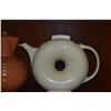 Image 8 : VINTAGE HALL DONUT TEAPOT, VINTAGE MARCREST BANDED BALL PITCHER & GLADDING MCBEAN POTTERY CARAFE (3 