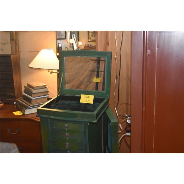 JEWELRY ARMOIRE W/FLIP TOP MIRROR, 9 DRAWERS & SIDE OPENINGS