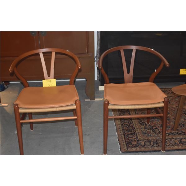 PAIR CHERRY WISHBONE CHAIRS, CARL HANSEN & SON HANS J. WEGNER DESIGN W/GOLDEN LOKE LEATHER SEAT CUSH