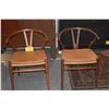 Image 1 : PAIR CHERRY WISHBONE CHAIRS, CARL HANSEN & SON HANS J. WEGNER DESIGN W/GOLDEN LOKE LEATHER SEAT CUSH