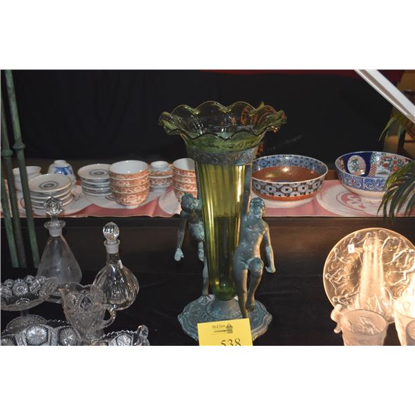 ART DECO BRONZE & GREEN GLASS TRUMPET VASE, 1928, ACR EMBERGER