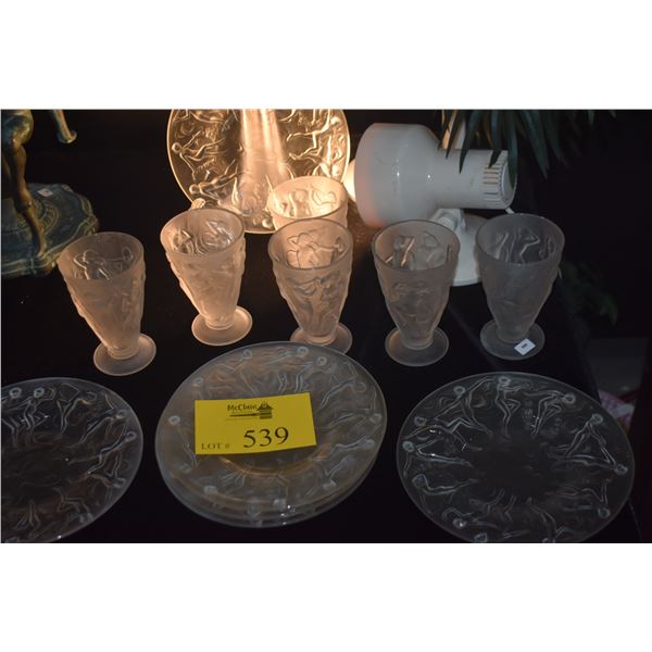 1920'S CONSOLIDATED MARTELE ART DECO FROSTED DANCING NYMPHS TUMBLERS & PLATES (12 PCS)