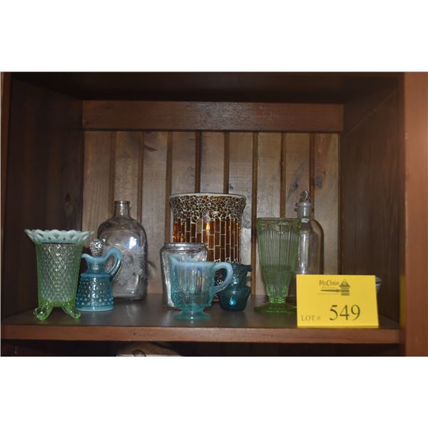 MIXED LOT: URANIUM GLASS VASES, HOBNAIL CRUET, ART GLASS CANDLE HOLDER, ETCHED GLASS BOTTLES, ETC. (