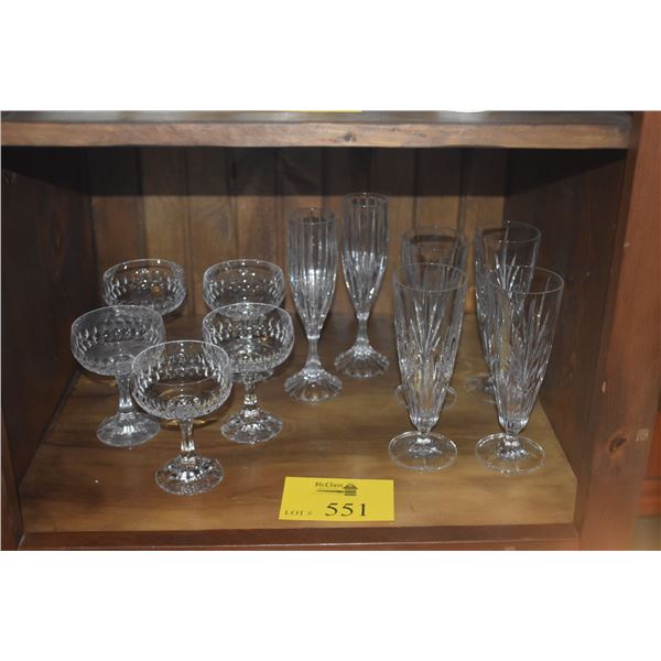 CRYSTAL CHAMPAGNE COUPES, LEAD CRYSTAL PILSNER GLASSES & MIKASA CHAMPAGNE FLUTES (11 PCS)