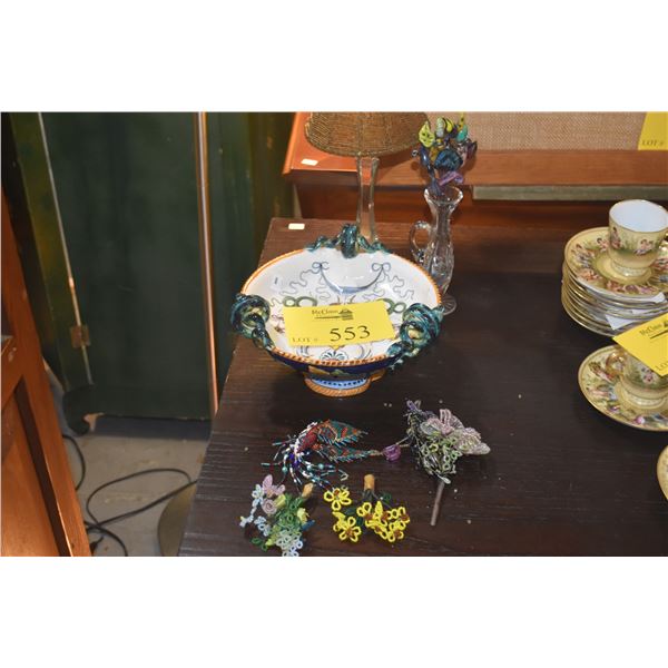 MIXED LOT: ITALIAN PEDESTAL DISH, CANDLE HOLDER W/BEADED SHADE, BUD VASE W/ART GLASS PICKS & BEADED 
